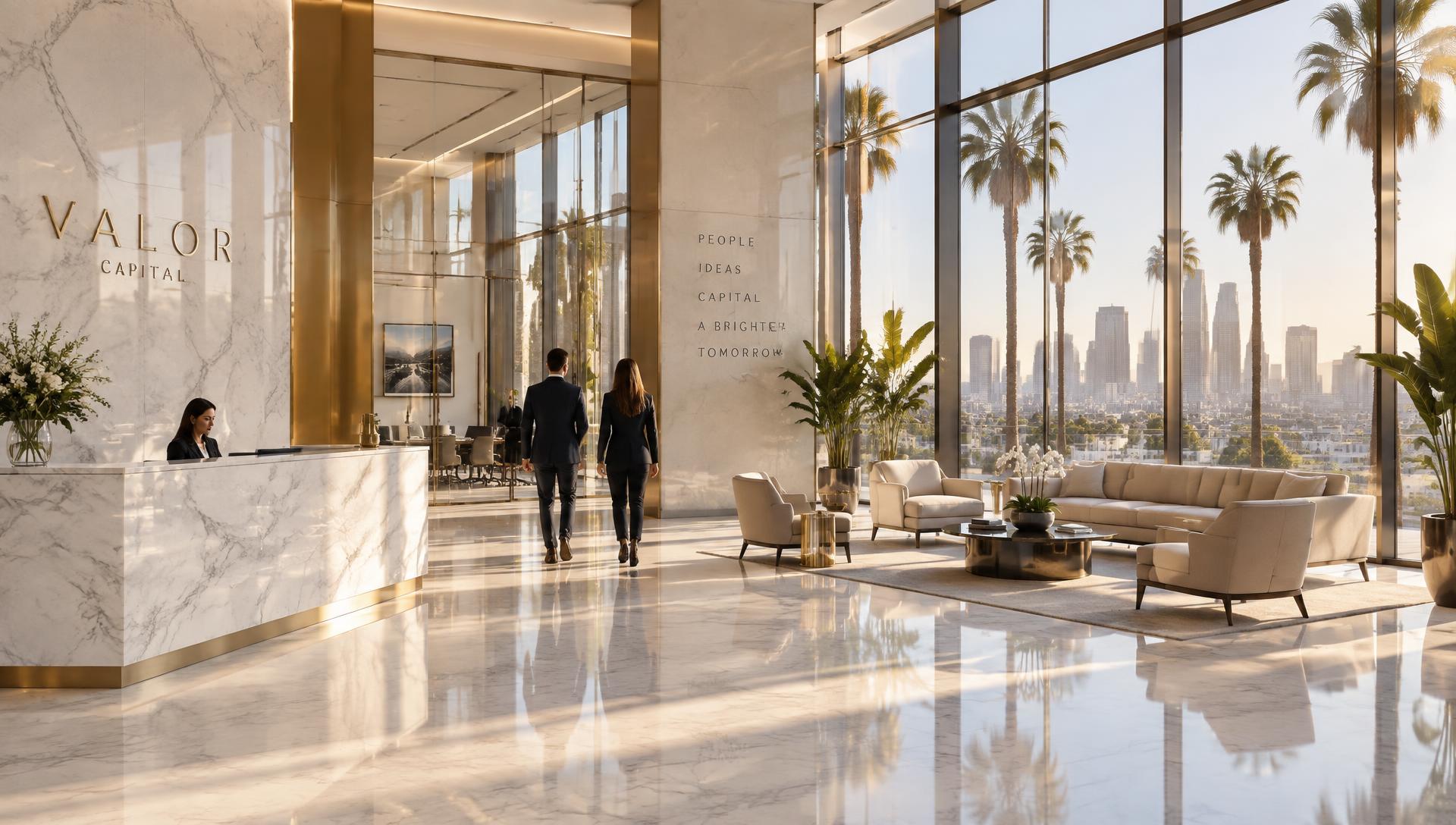 High-end California office lobby with palm trees outside